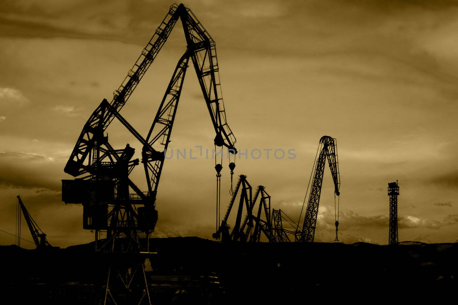 Silhouettes of cranes against a cloudy sky