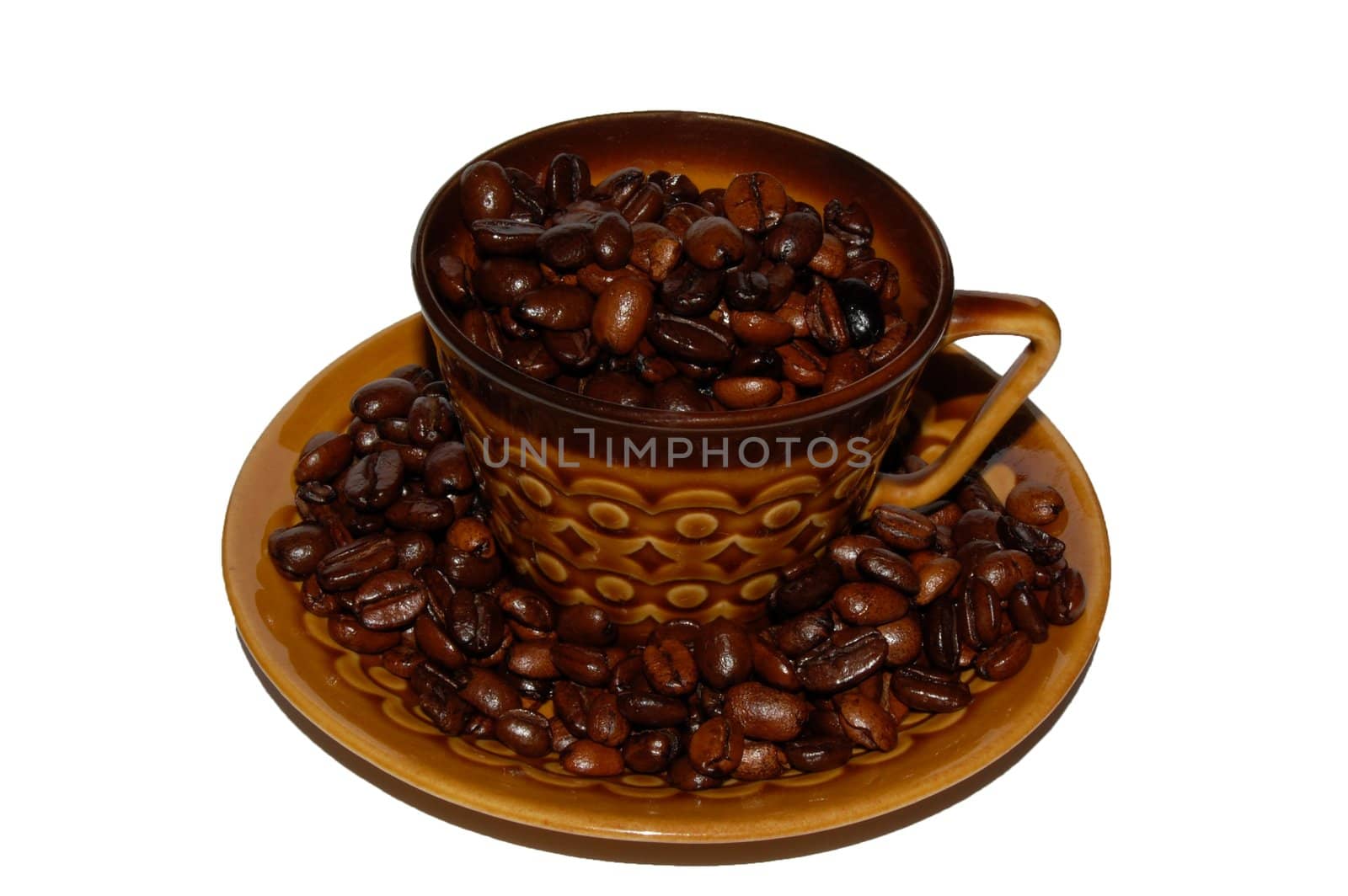 small cup with coffee beans isolated on the white background