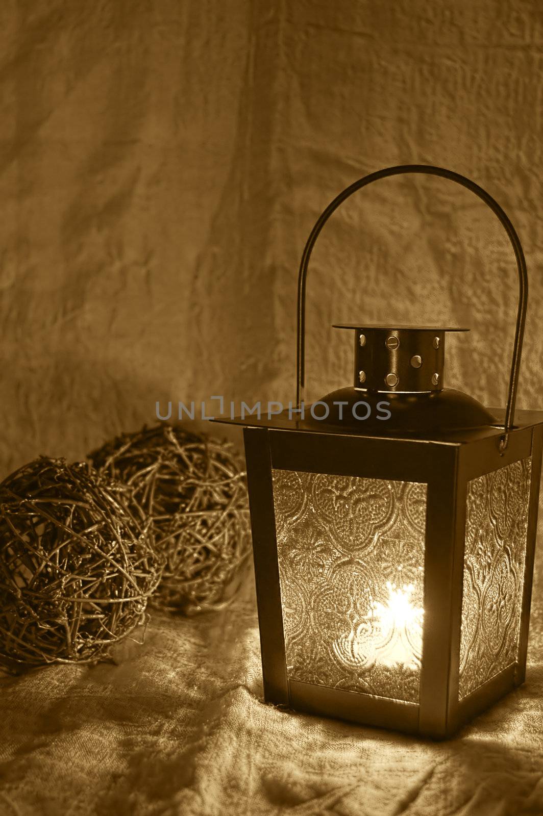 lantern illuminating two shrubs balls with faint light