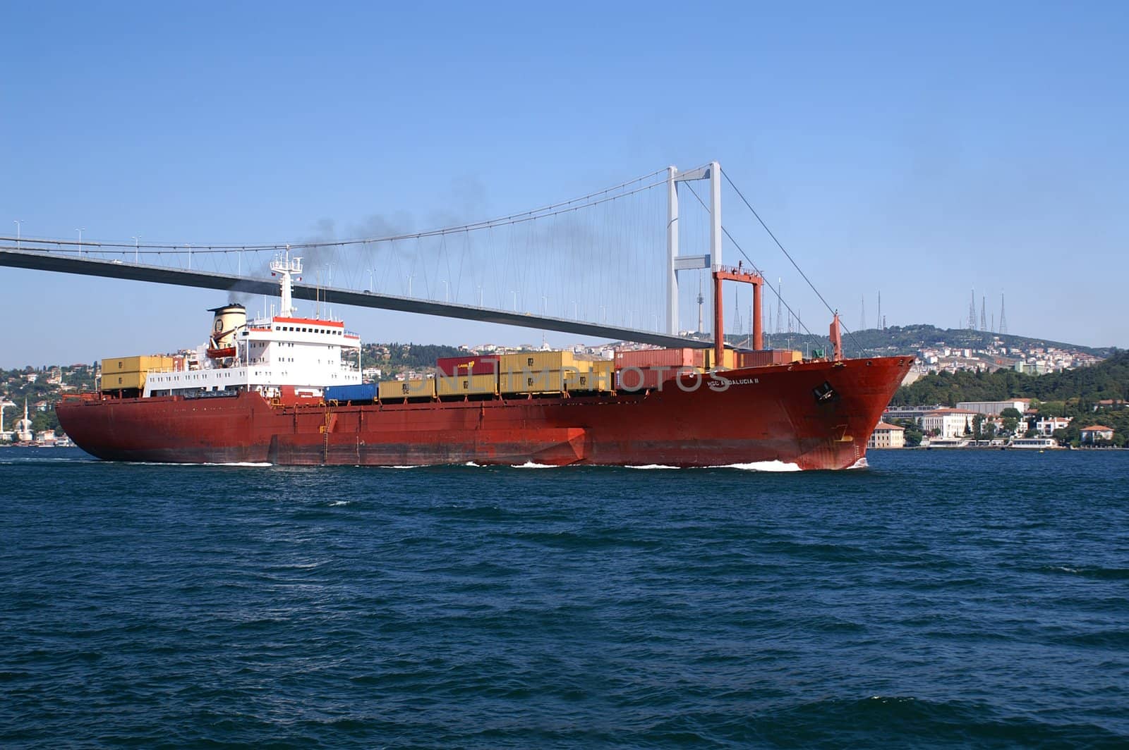 cargo ship passes under road bridge, Bosfor