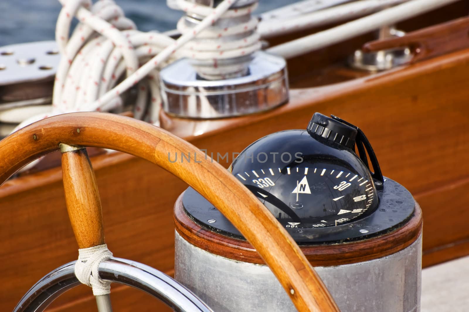 Rudder and compass on a wooden boat