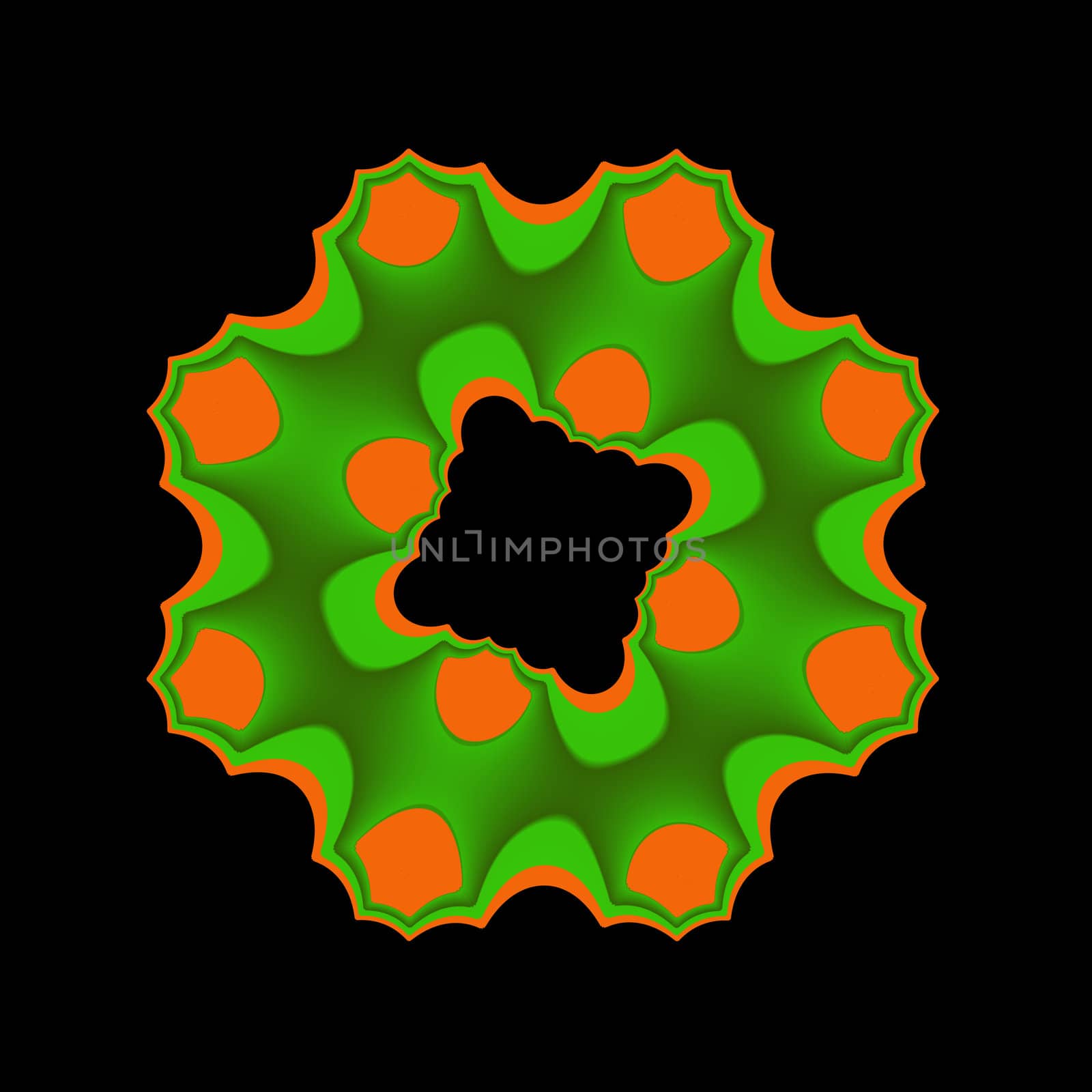 An abstract Image done in shades of green and orange.