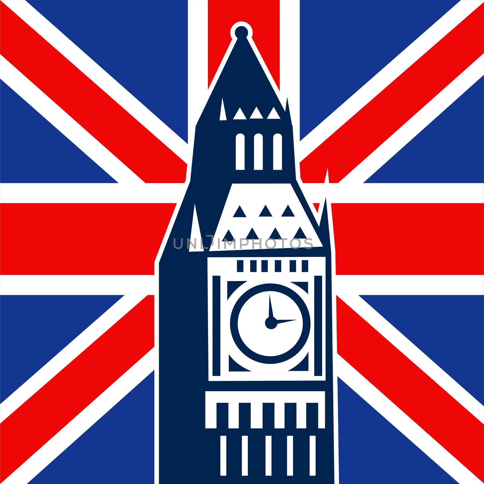 illustration of a an icon with Great Britain  British Union Jack flag and Big Ben Clock Bell Tower
