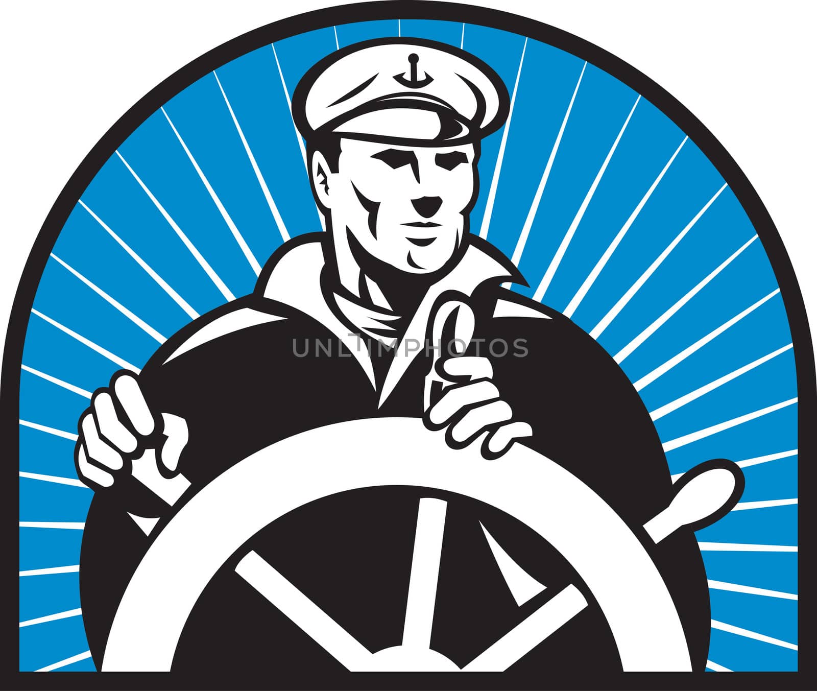 illustration of a ship captain helmsman sailor at the helm steering wheel facing front with sunburst in background
