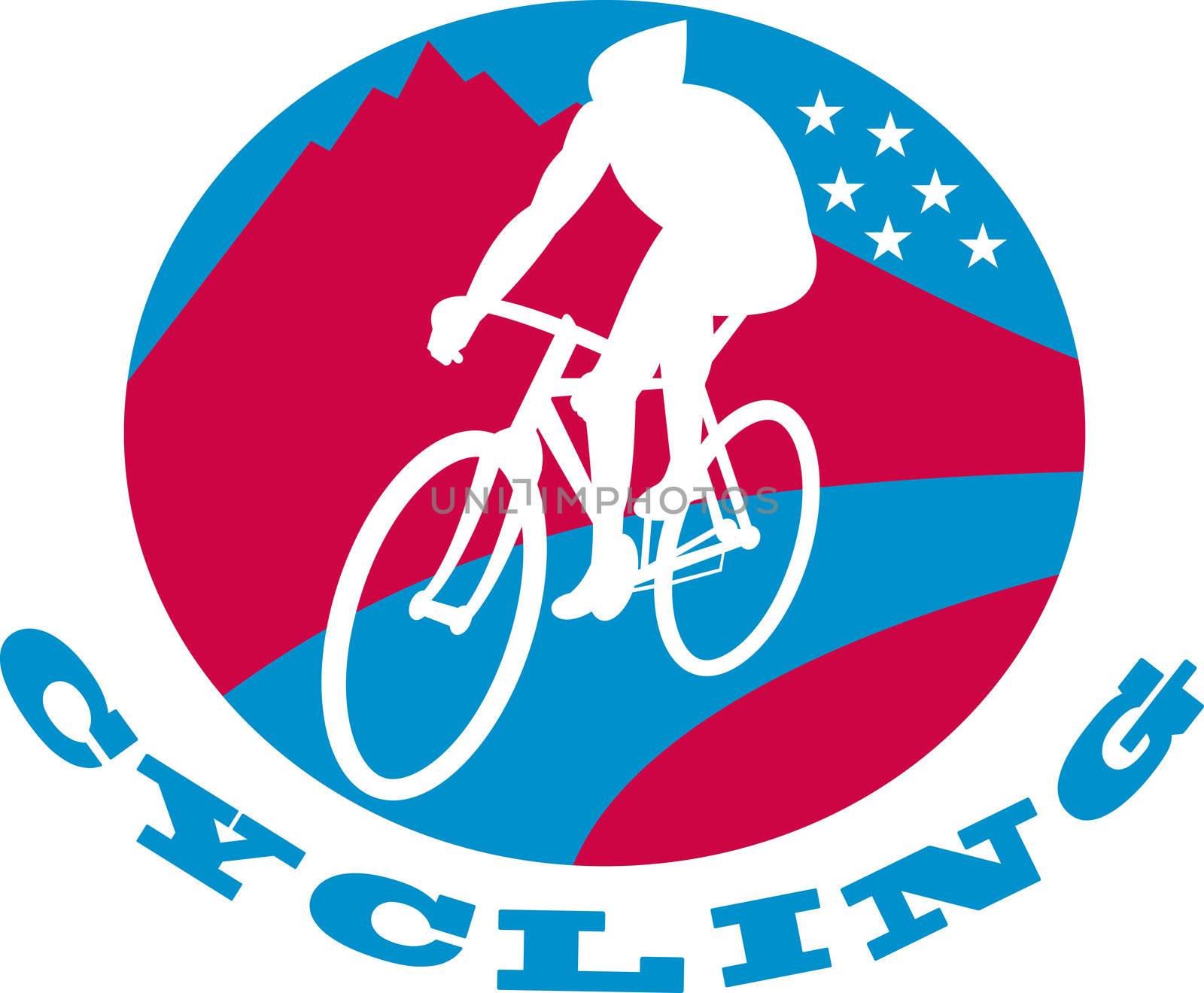 illustration of a Cyclist riding racing bike set inside oval with road mountains and stars and words "cycling"