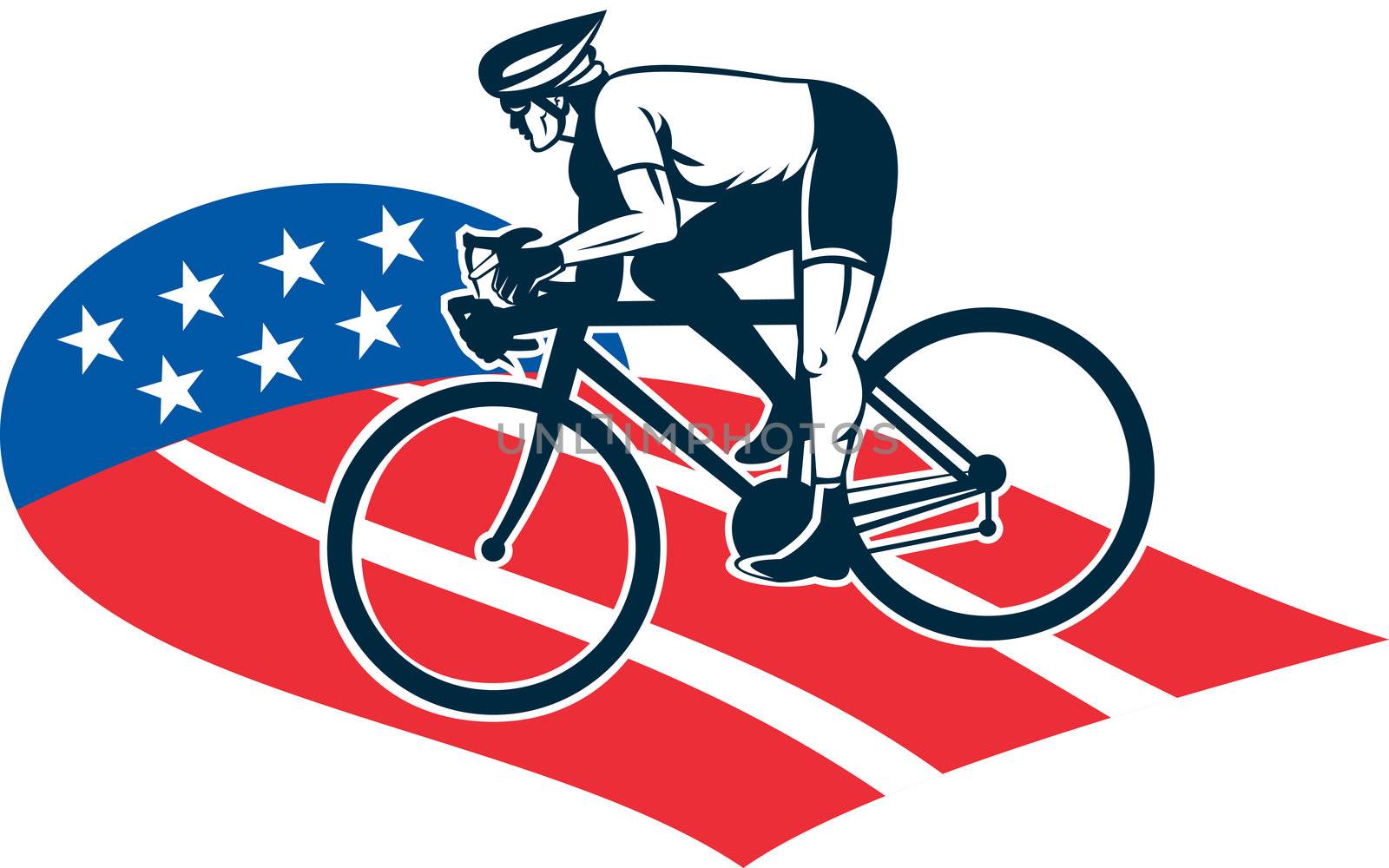 illustration of a Cyclist riding racing bike set inside oval viewed from side done in with star and stripes
