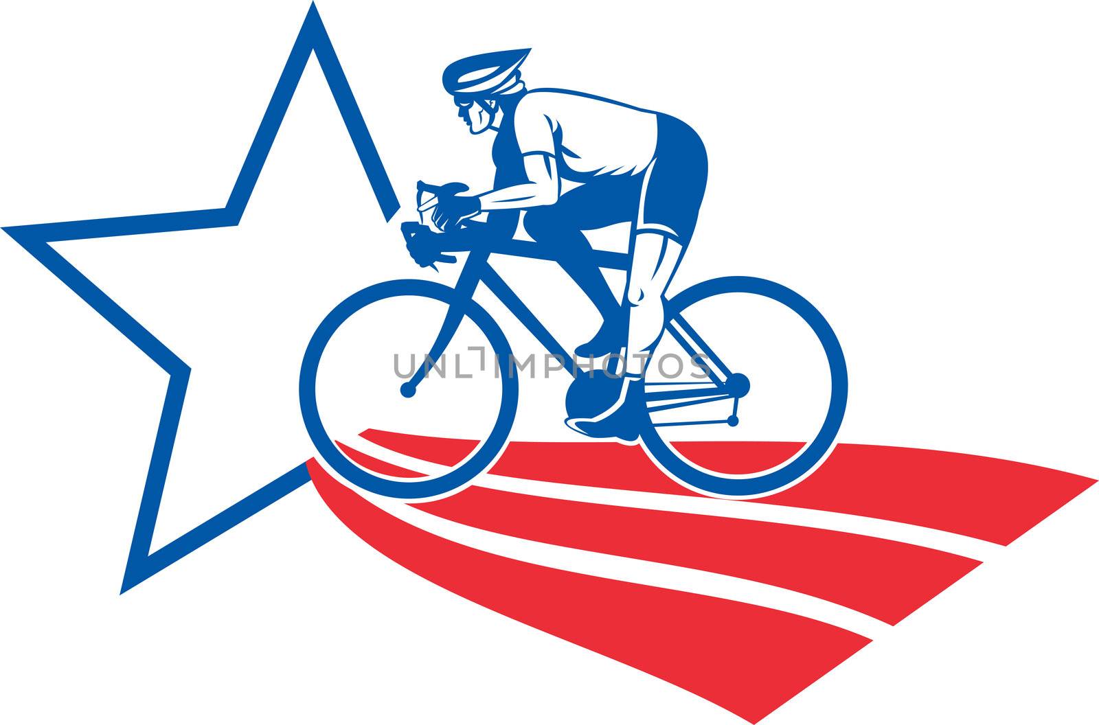 illustration of a Cyclist riding racing bike set inside oval viewed from side done in with star and stripes