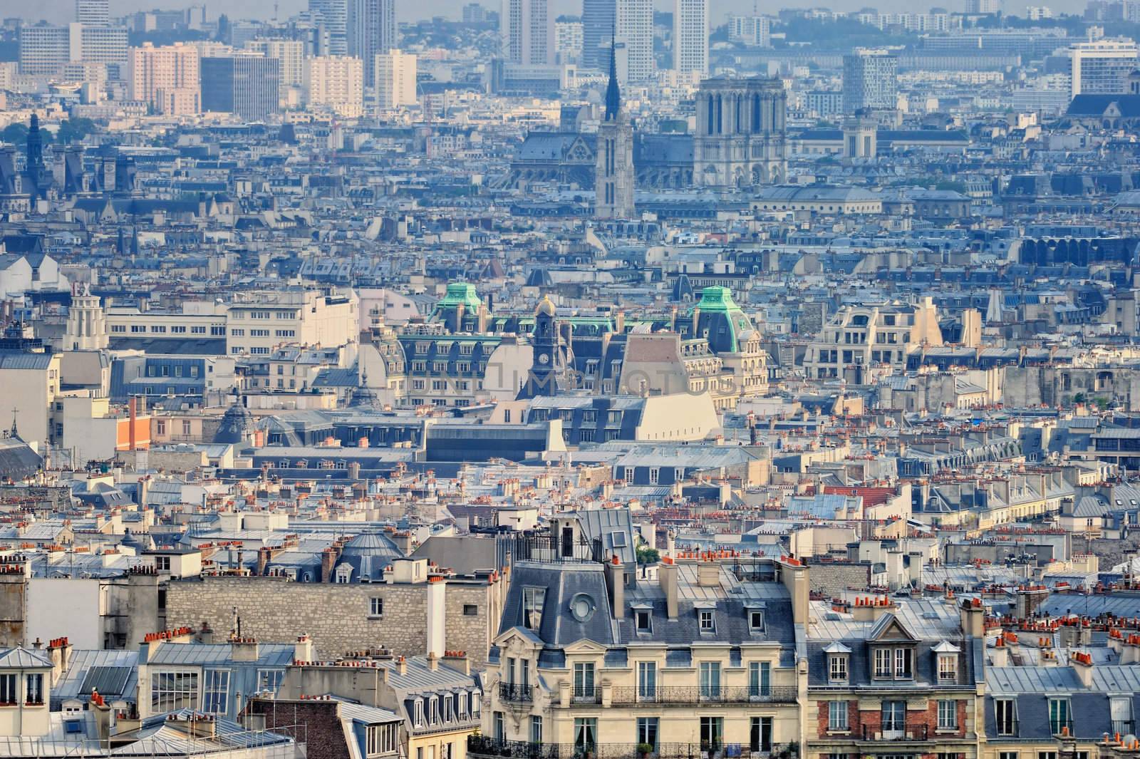 Aerial panorama above houses rooftops in a Paris
