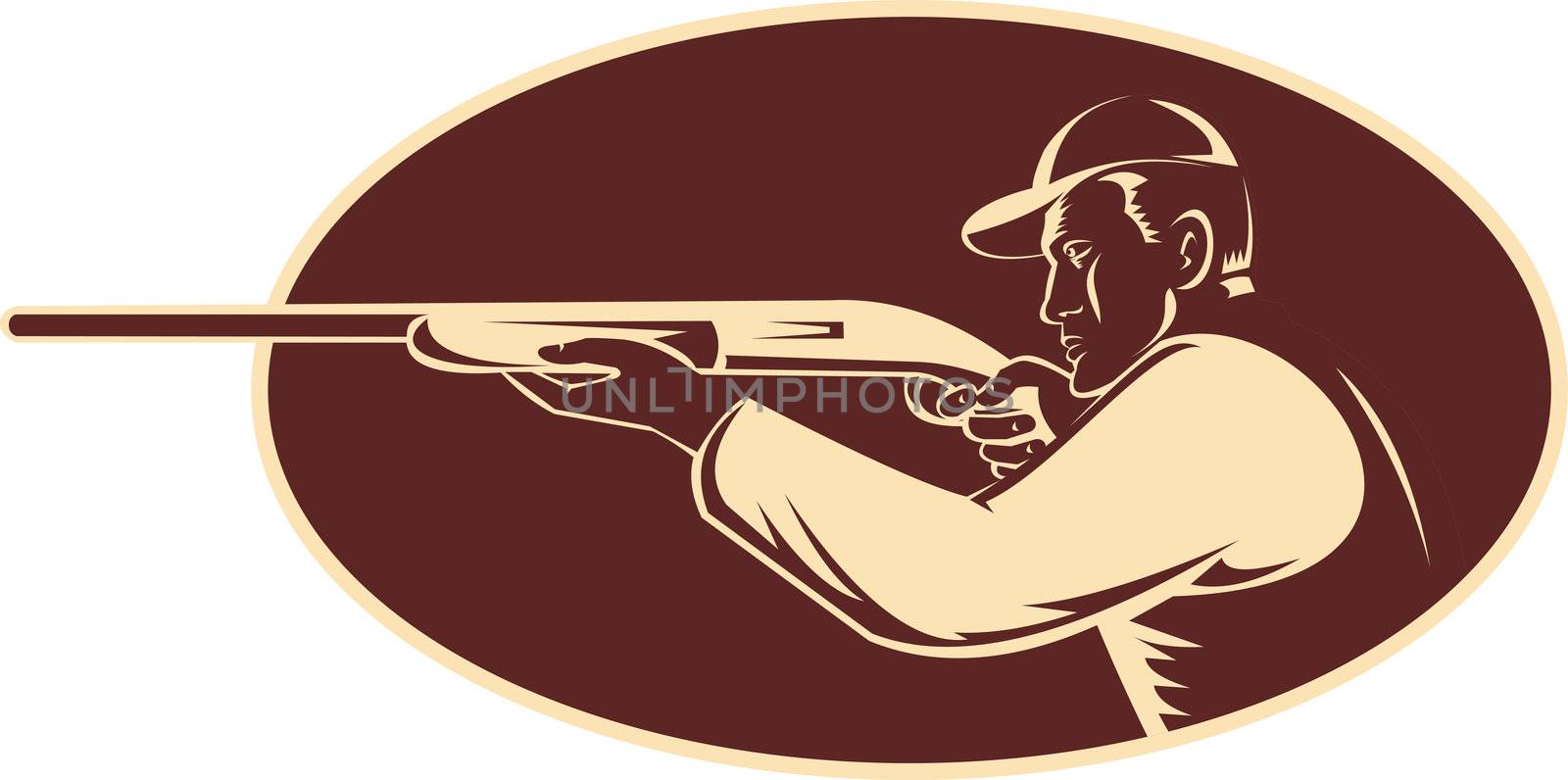 illustration of a hunter shooting aiming shotgun rifle viewed from side woodcut set inside oval 