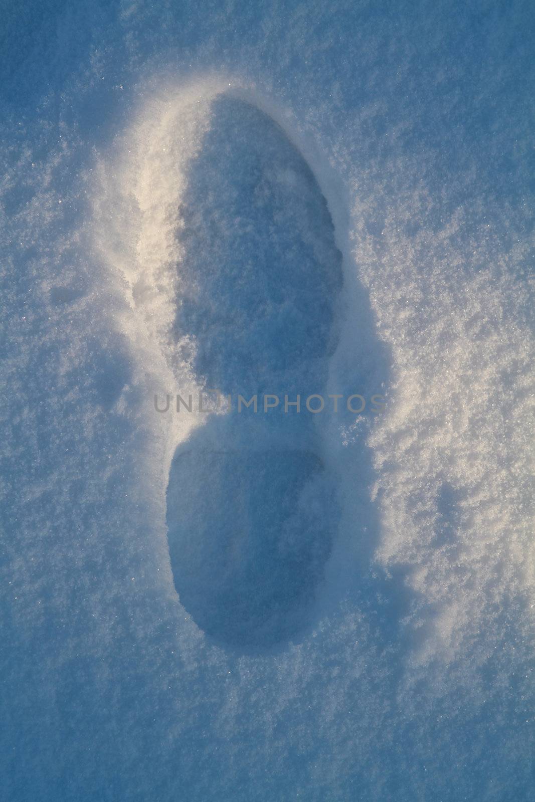 A single footprint in fresh and cold snow.