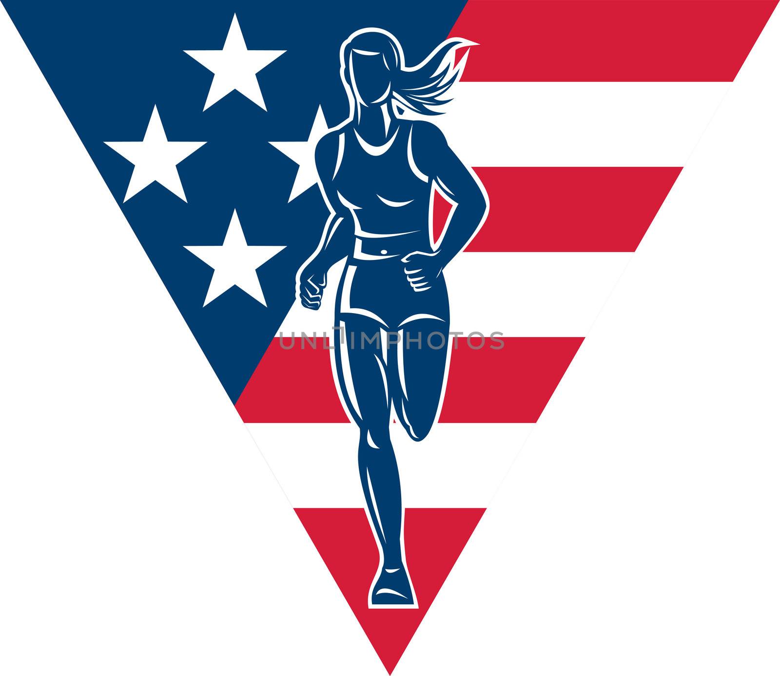 illustration of a illustration of a female Marathon road runner jogger fitness training road running with American flag stars and stripes in background inside triangle