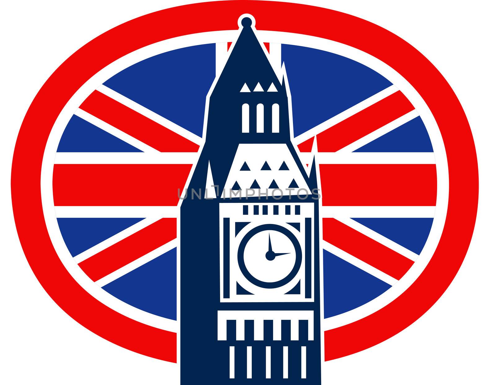illustration of a an icon with Great Britain  British Union Jack flag and Big Ben Clock Bell Tower