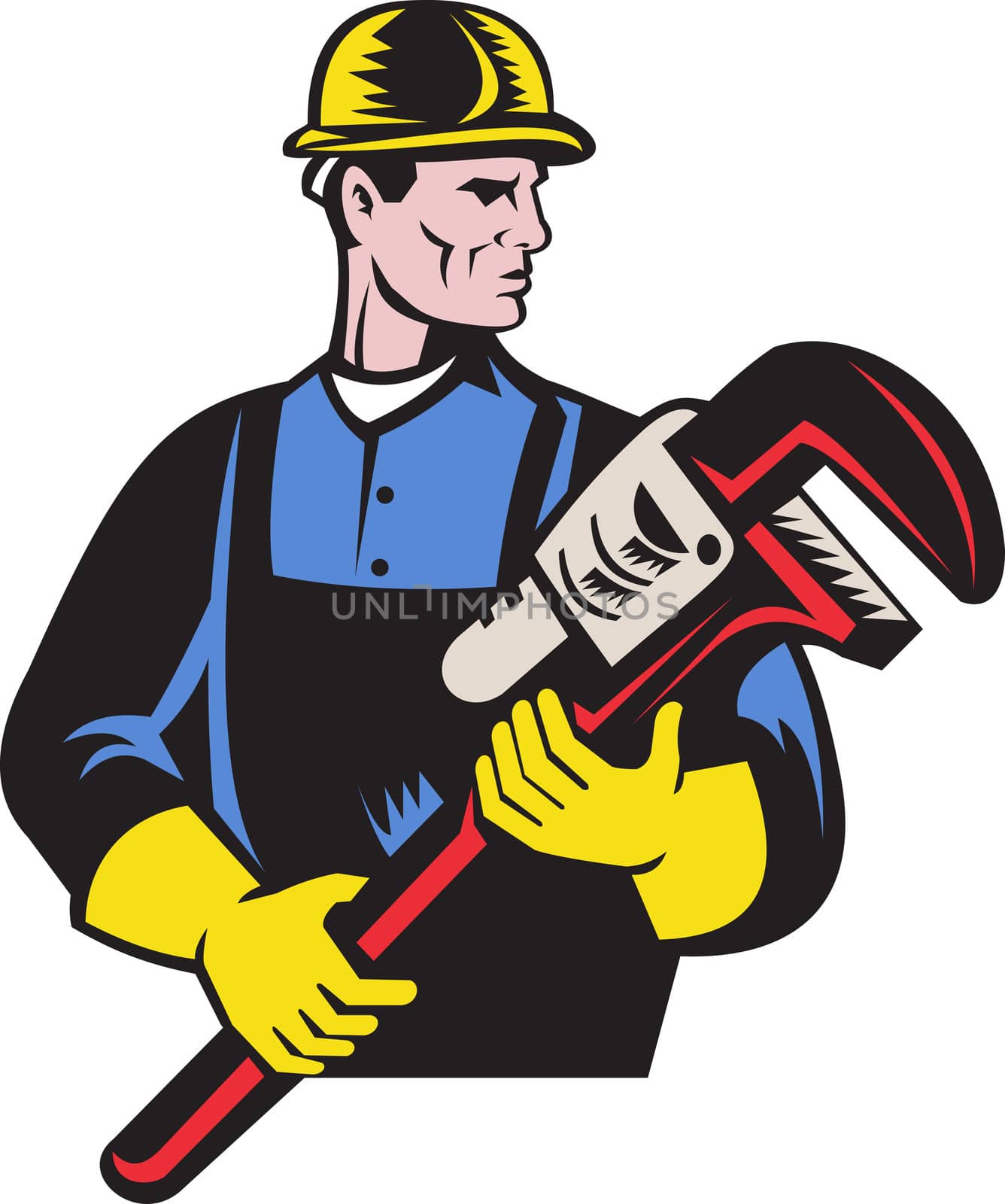illustration of a plumber repairman holding monkey wrench on isolated white background