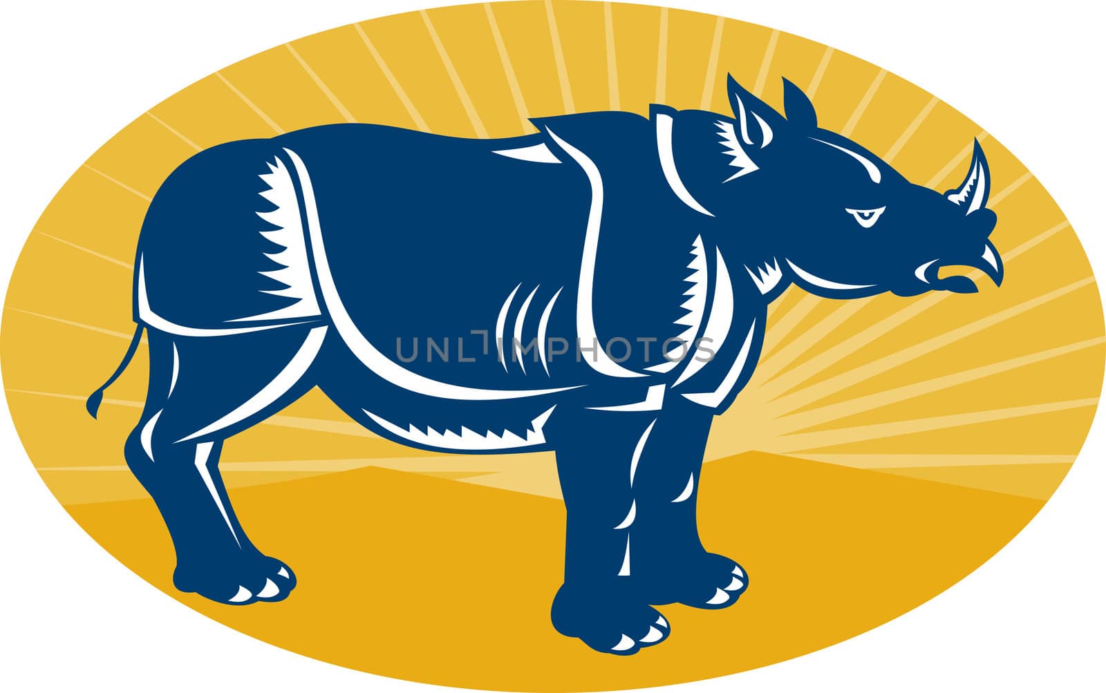 illustration of a rhinoceros facing side view done in woodcut style set inside an ellipse with sunburst in background