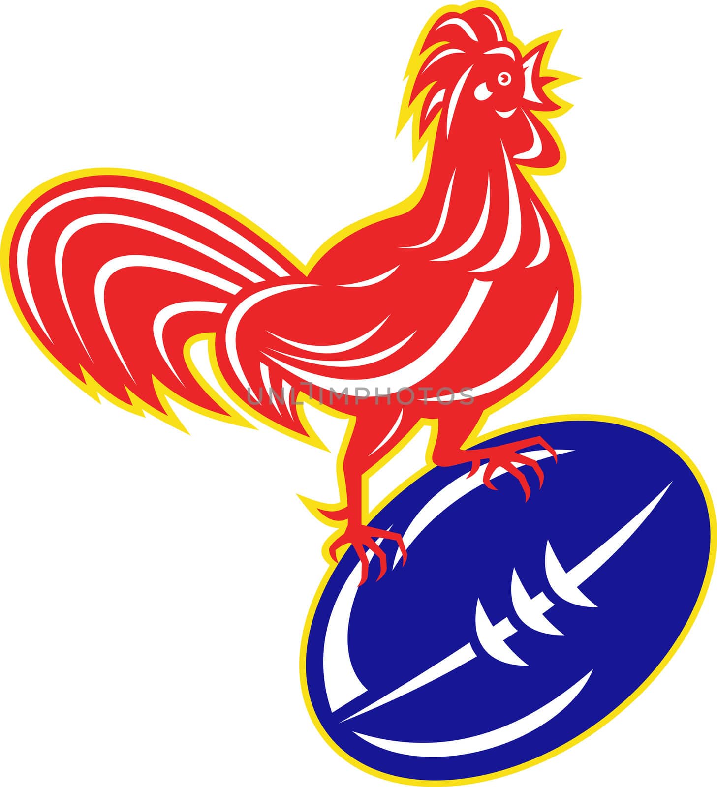 illustration of a rooster cockerel on top of rugby ball on isolated white background