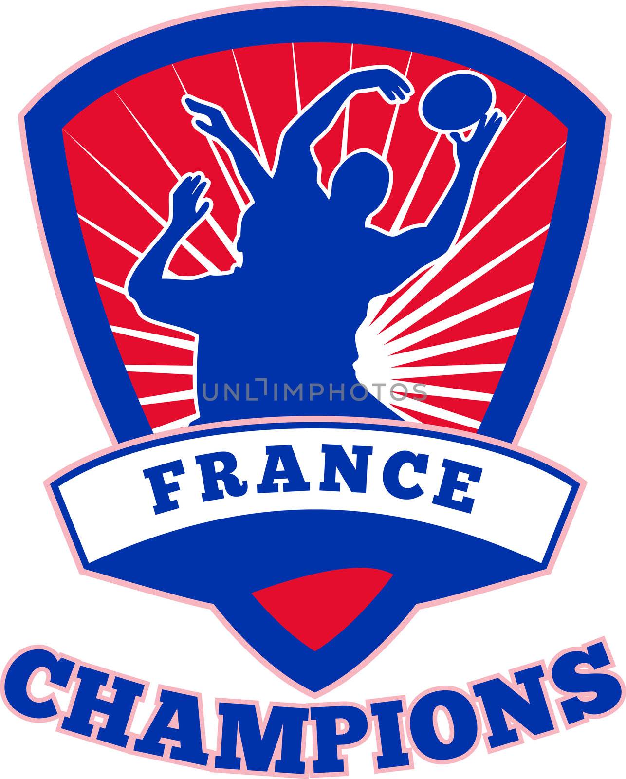 illustration of a rugby player catching lineout ball  inside shield with words France champions on isolated white background