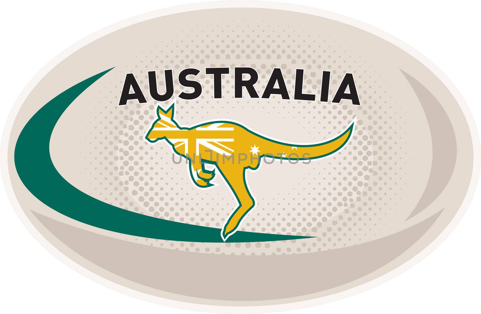 illustration of a rugby ball with Australian kangaroo wallaby and words Australia on isolated white background