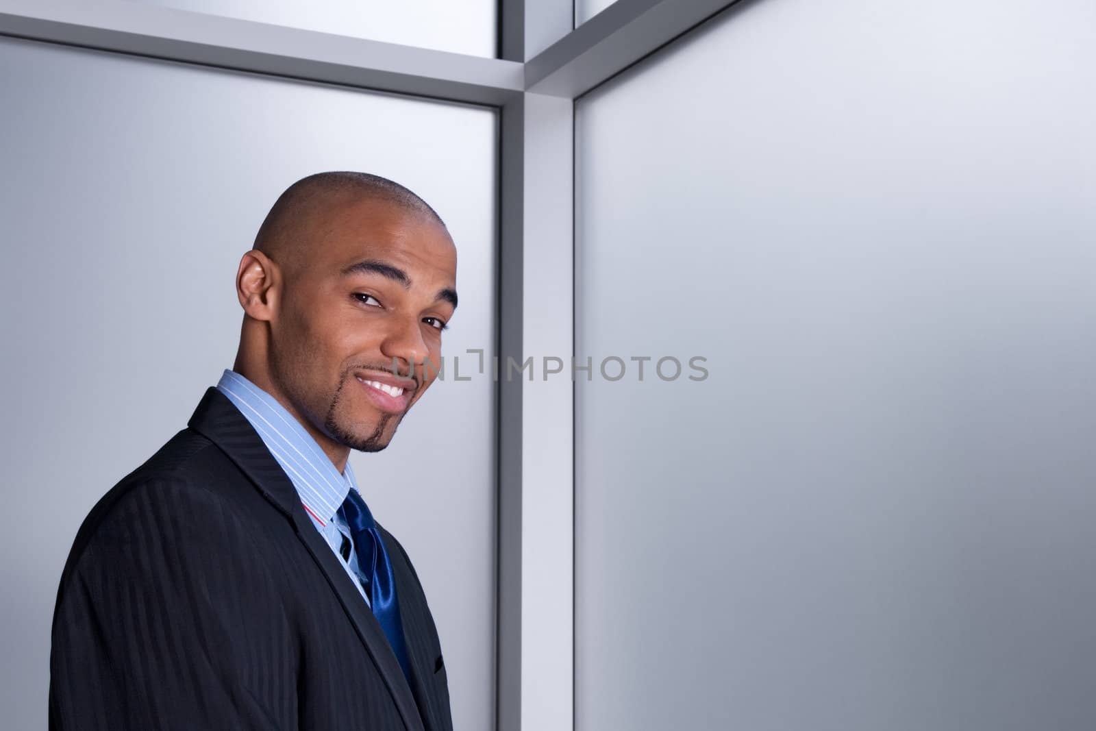 Portrait of a smiling good-looking businessman beside an office window.