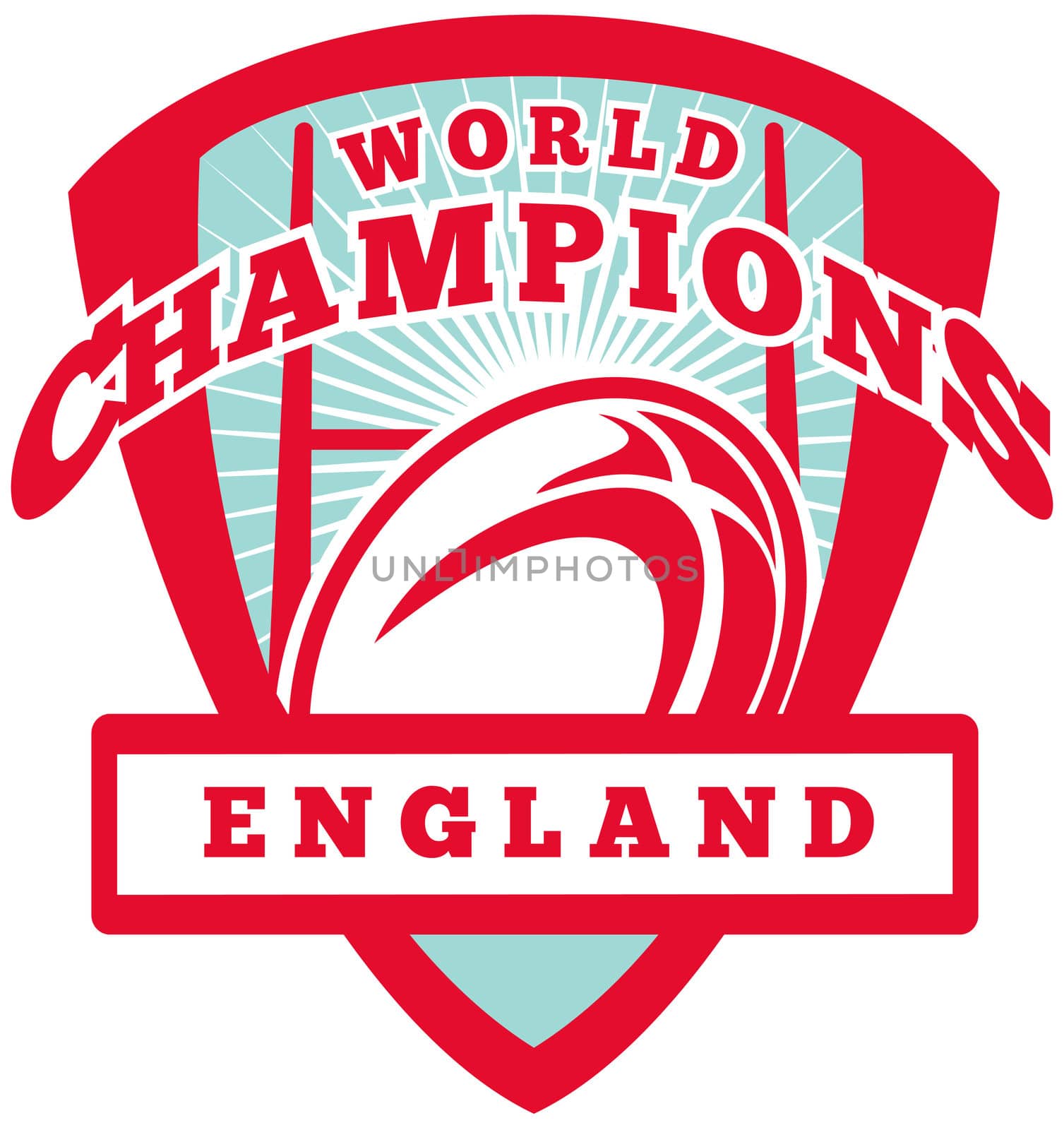 illustration of a rugby ball and goal post inside shield with words England world champions on isolated white background