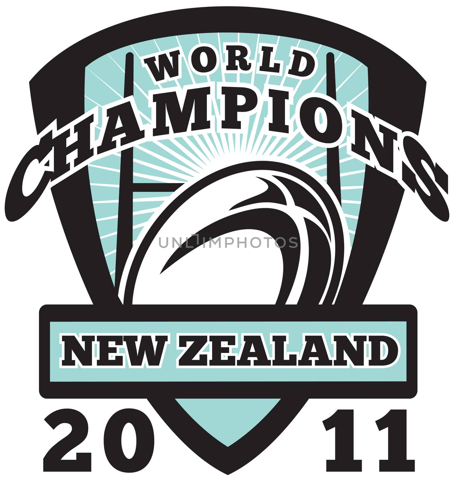 illustration of a rugby ball and goal post inside shield with words New Zealand world champions 2011 on isolated white background