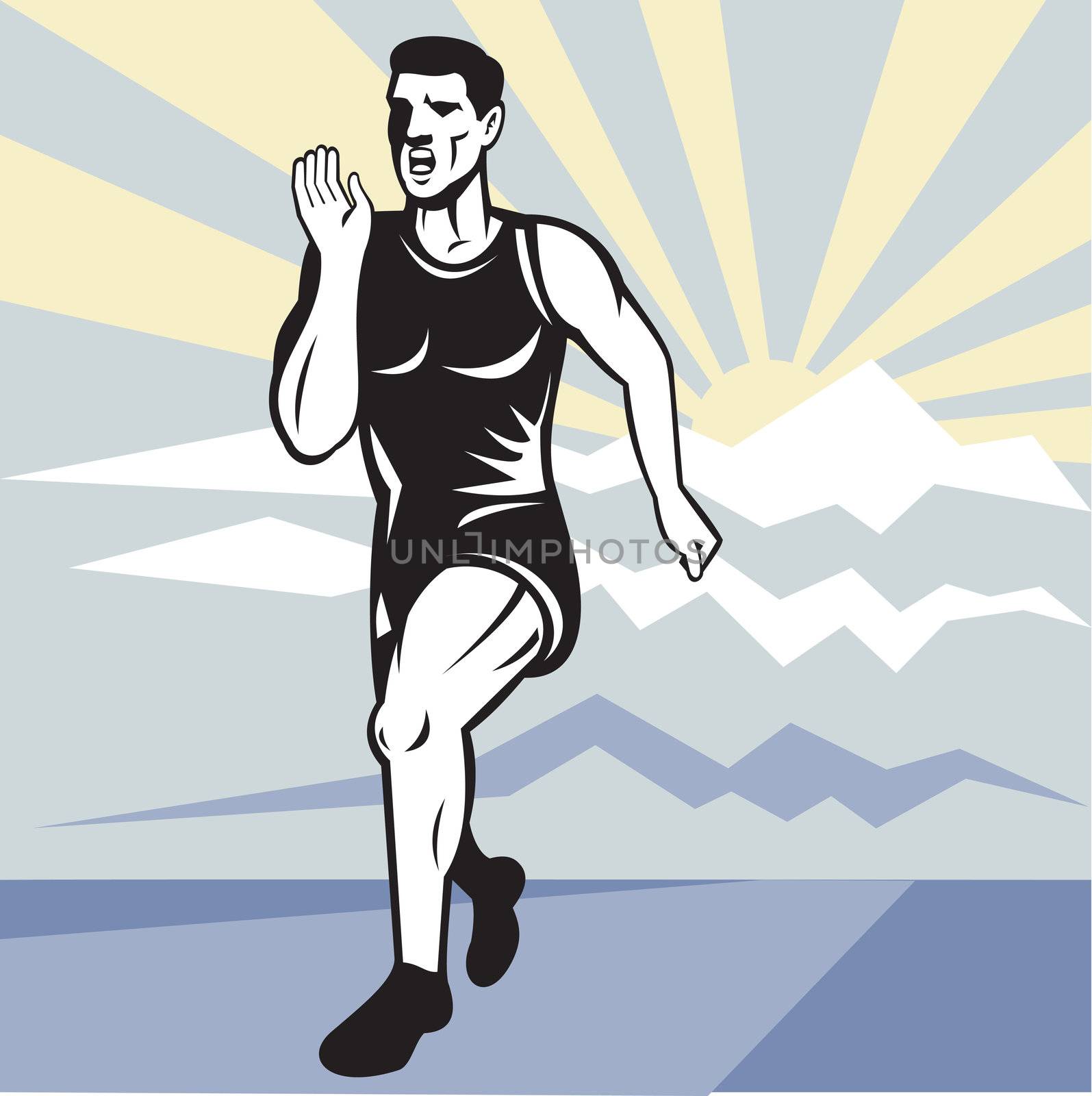 illustration of a illustration of a Marathon road runner jogger fitness training viewed from front set inside square with mountain and sunburst in background done in retro style.