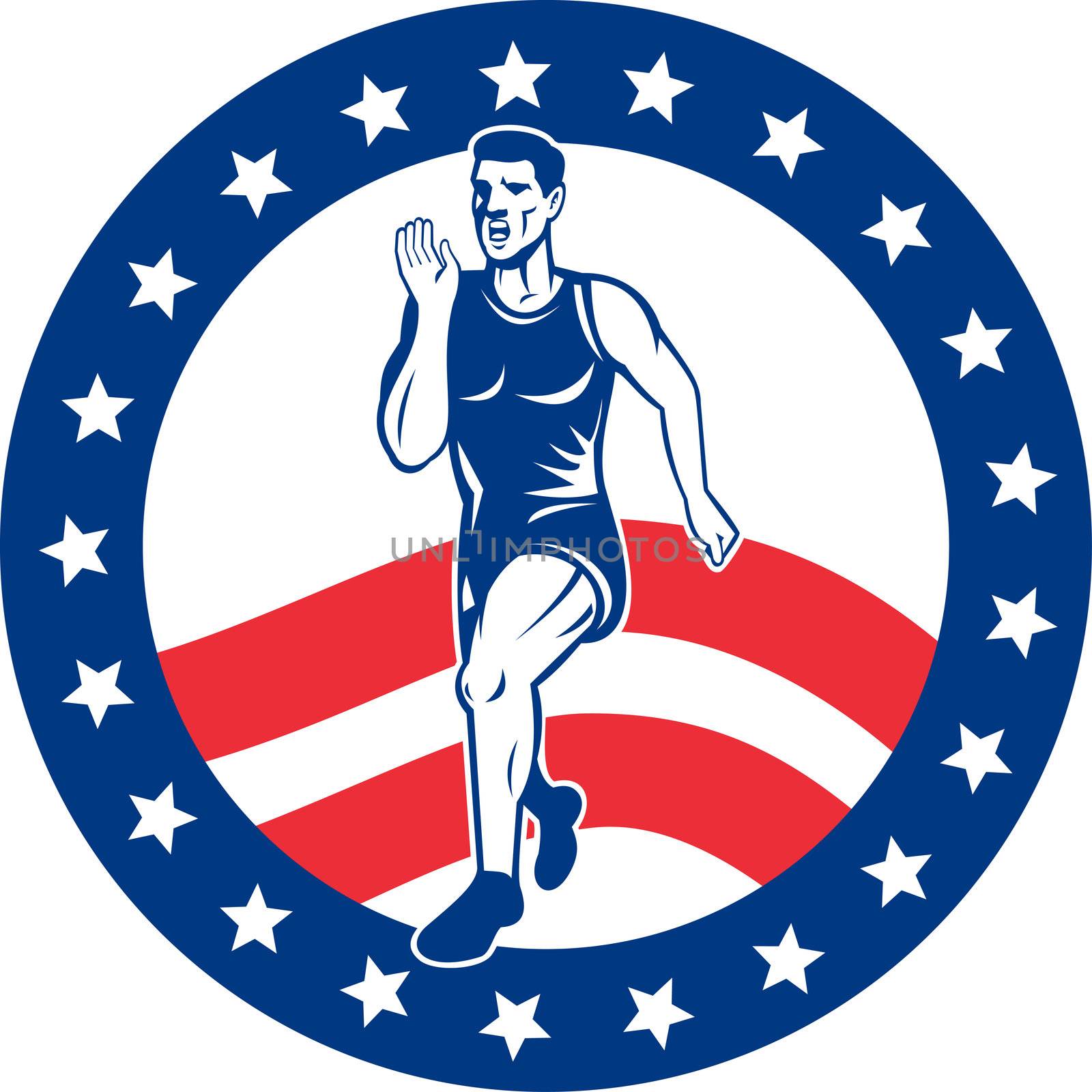 illustration of a illustration of a Marathon road runner jogger fitness training road running with American stars and stripes in background inside circle