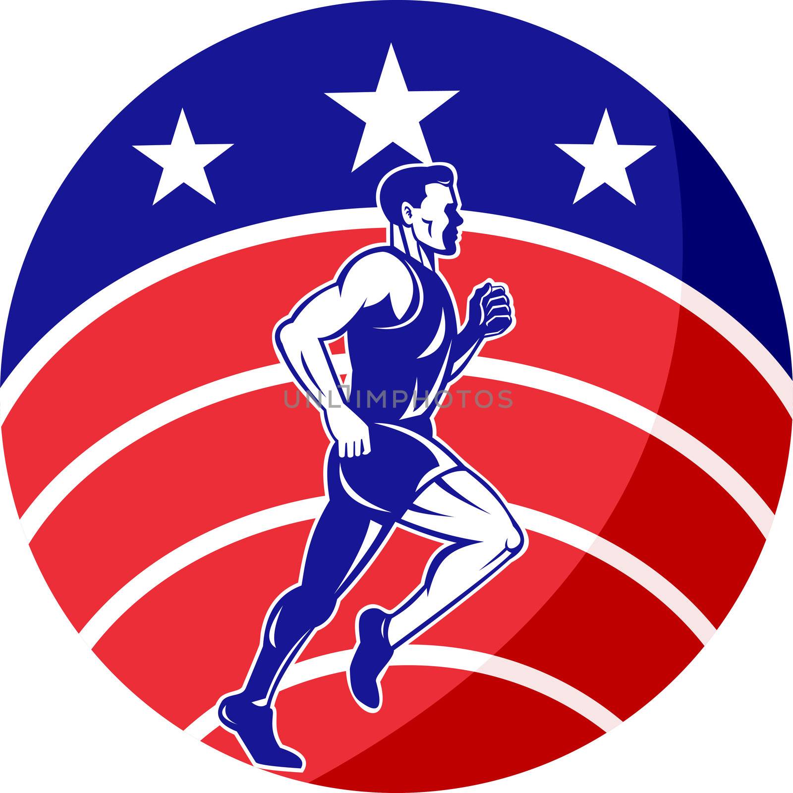 illustration of a illustration of a male Marathon road runner jogger fitness training road running with American flag stars and stripes in background inside circle