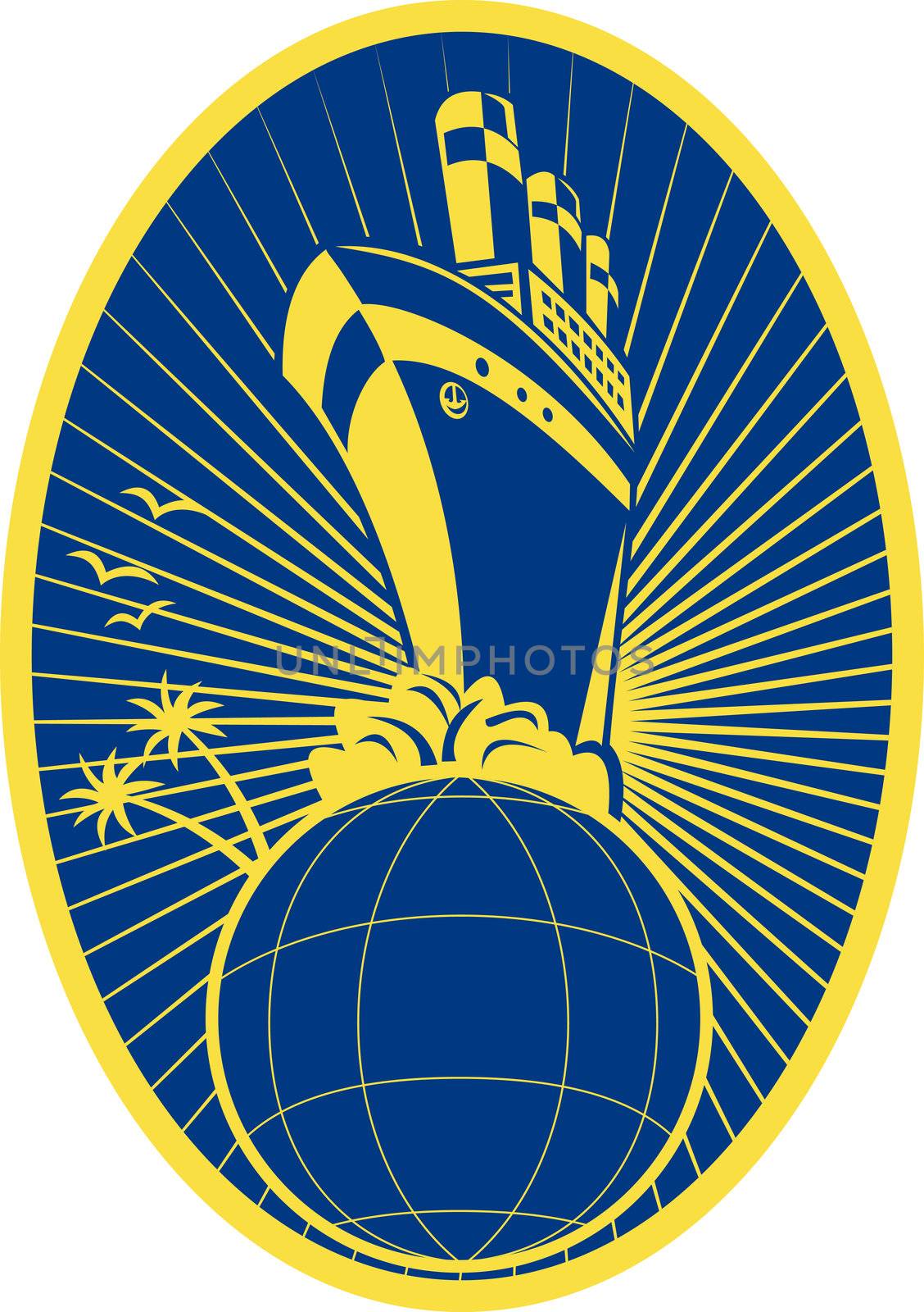 illustration of a Passenger ship boat Ocean liner cruising over globe set inside ellipse.