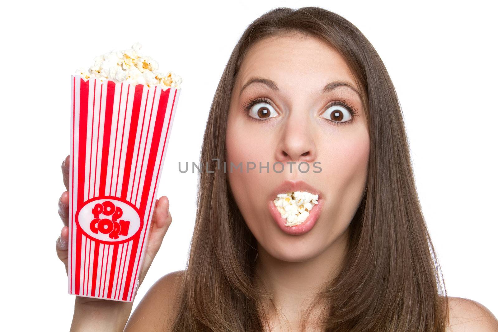Beautiful young girl eating popcorn