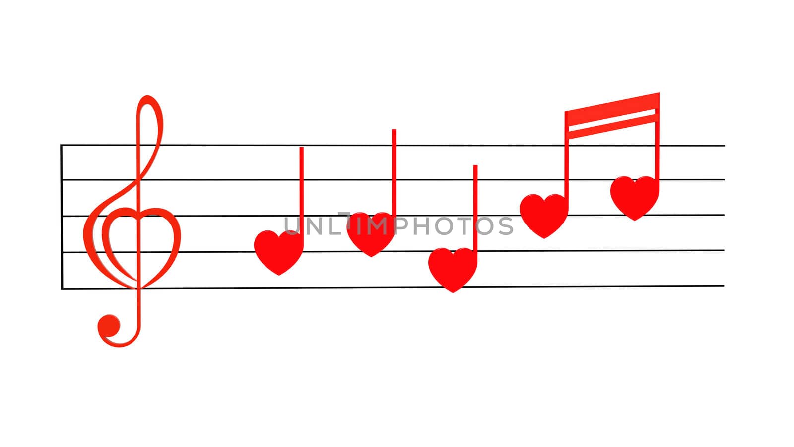 Red treble clef with notes stylized for Valentines isolated on white