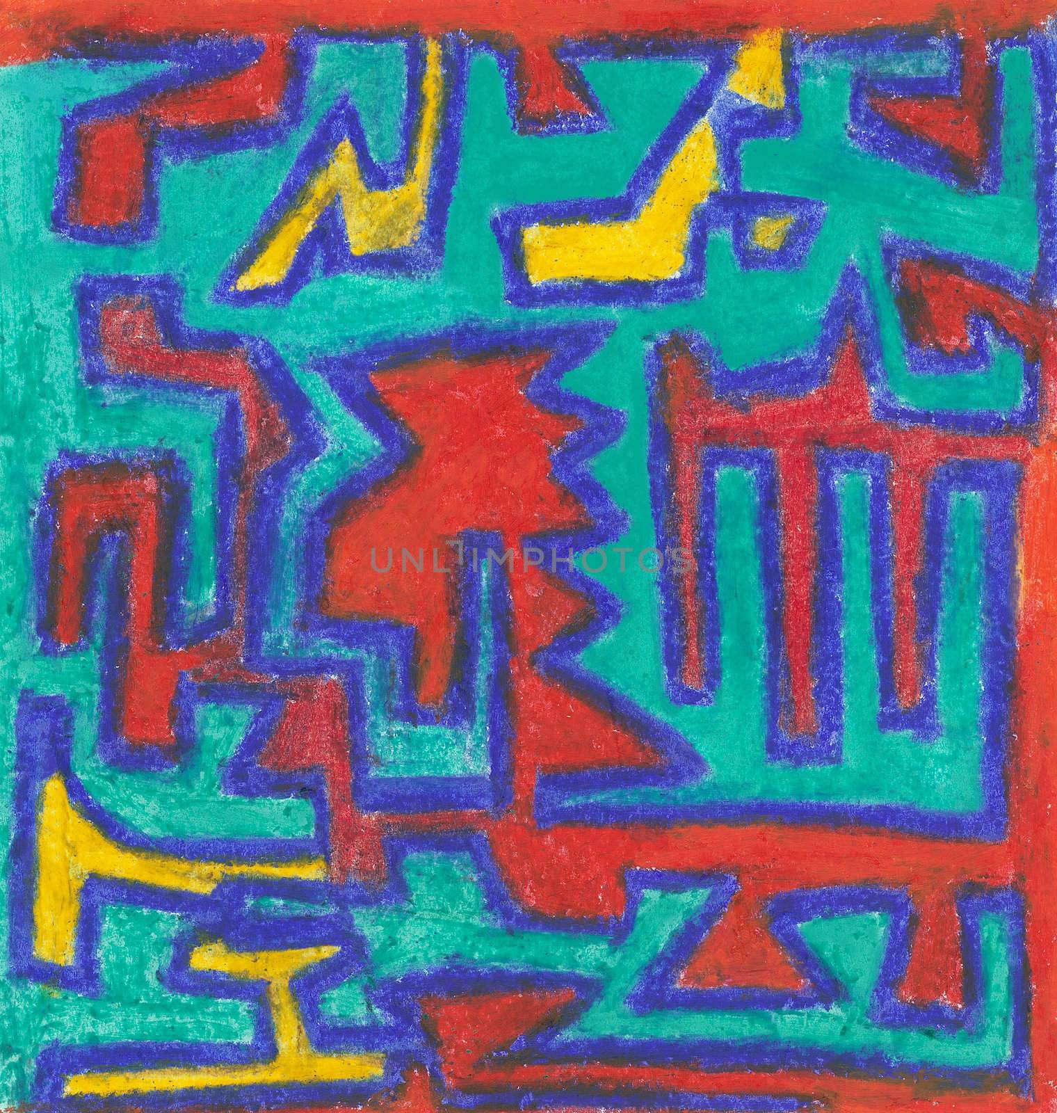 Abstract raster-based unbroken line crayon painting with red, yellow, blue and aqua colors.