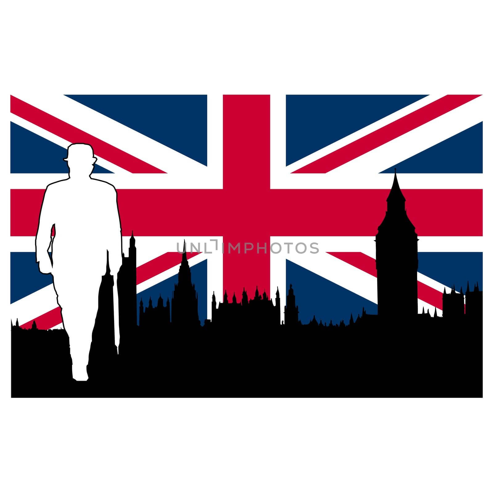 British symbols including Big Ben, Union Jack UK flag, British man