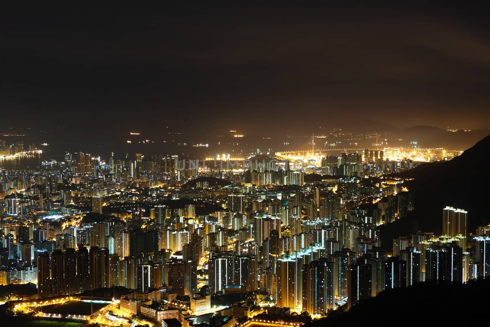 Hong Kong with crowded buildings at night