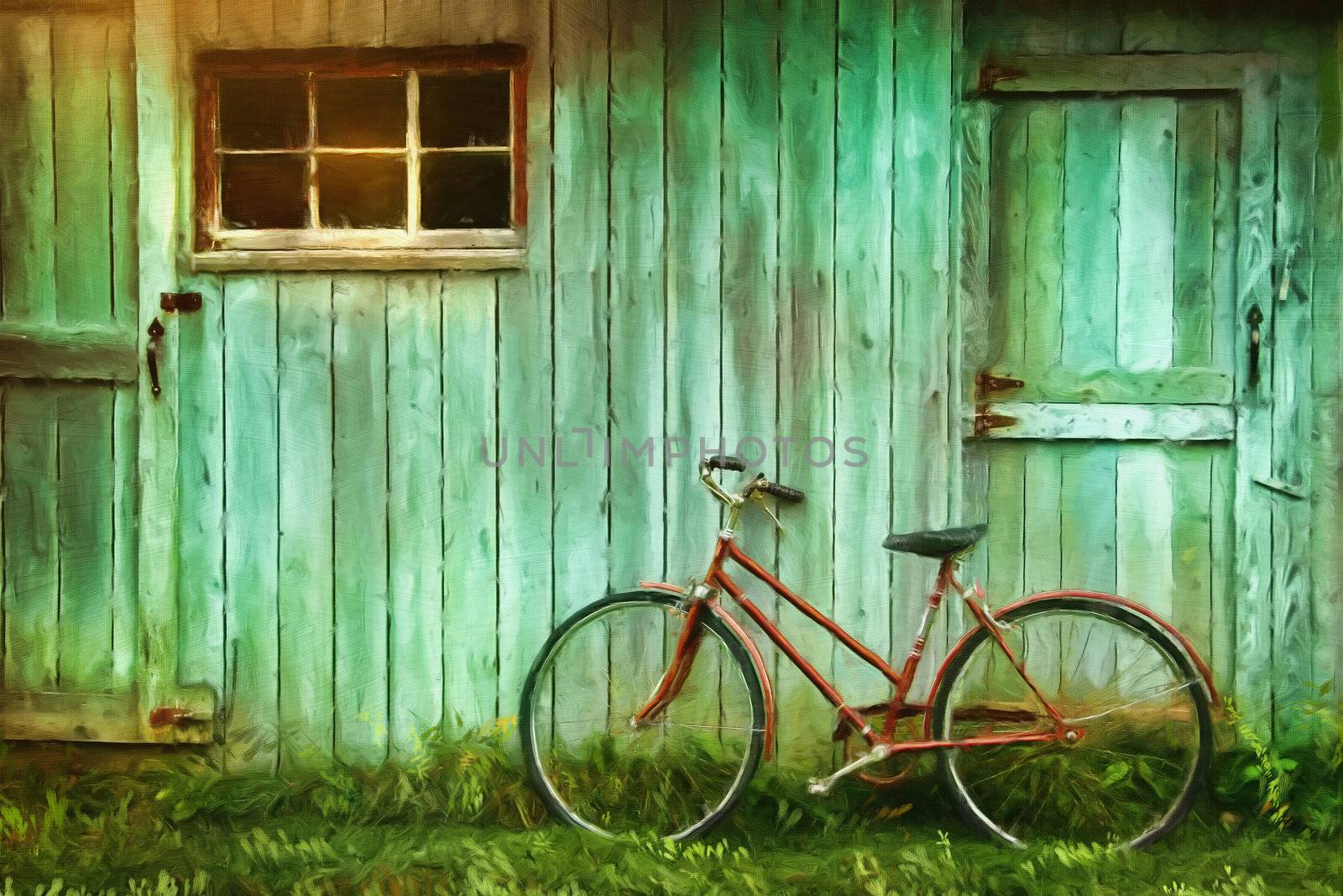 Digital Painting of old bicycle  against  barn by Sandralise
