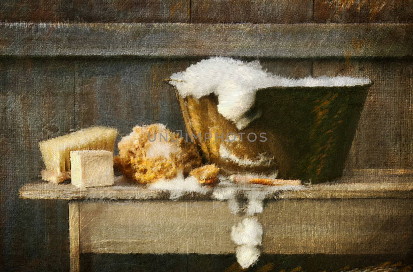 Digital rendered painting of old wash tub with soap on bench