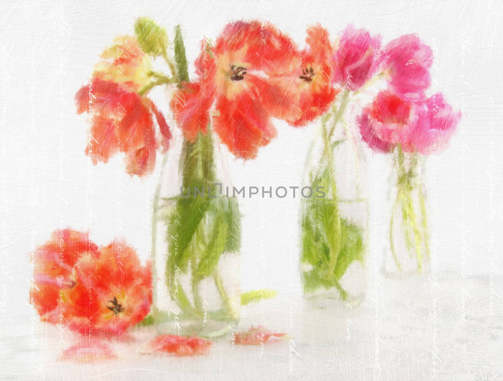 Digitally rendered watercolor of spring  tulips in bottles