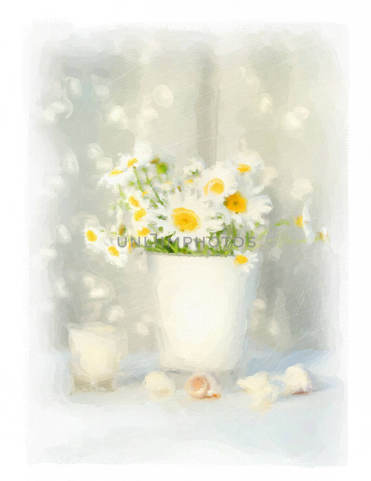Digital watercolor of white daisies and seashells with white lace
