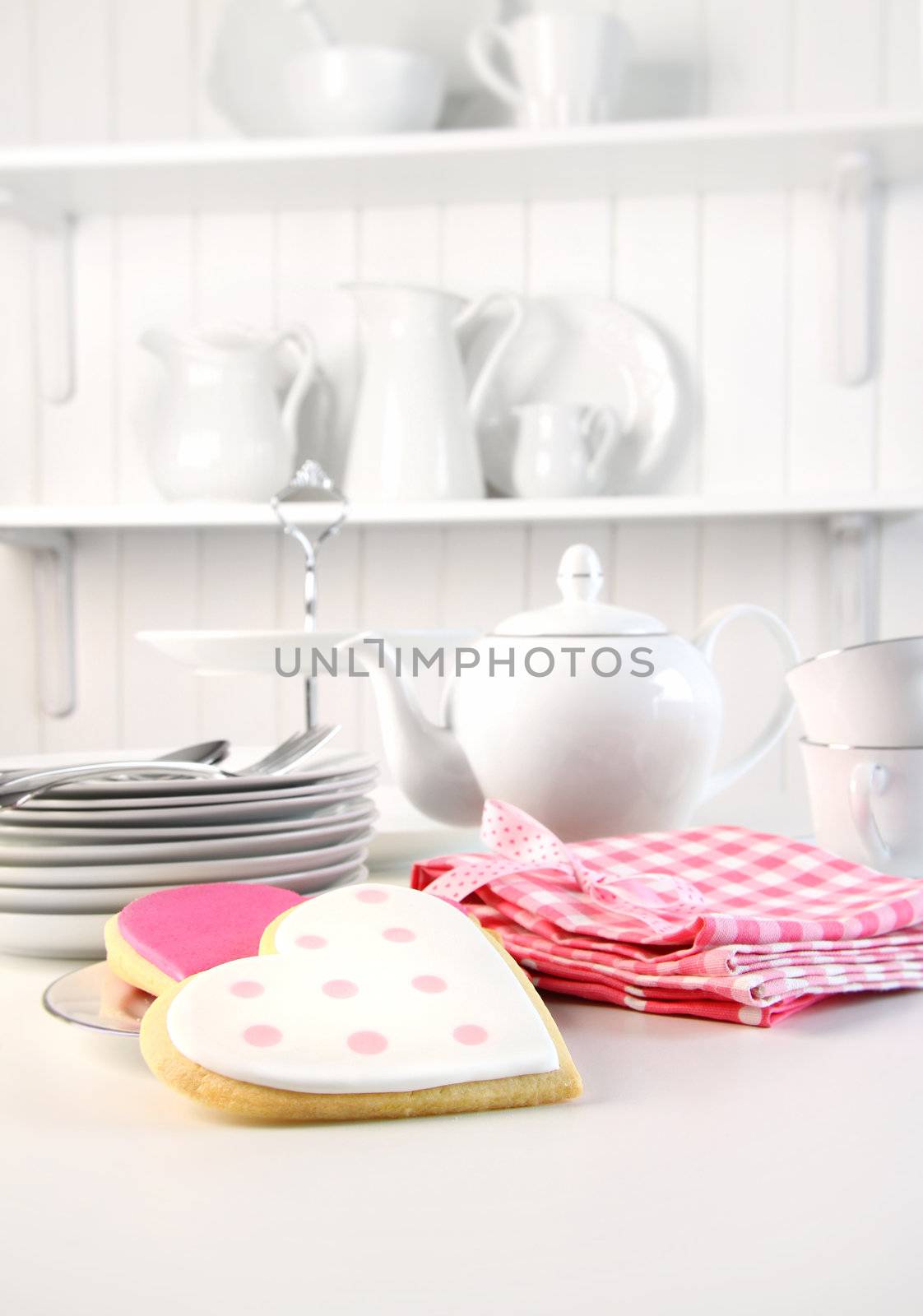 Decorative iced  cookies on the counter for Valentine's Day