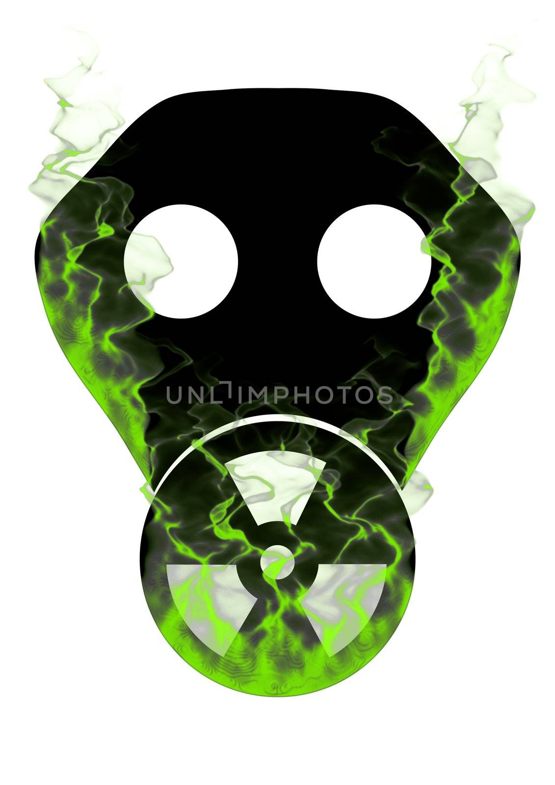 Illustration of a gas mask with the toxic symbol displayed on the filter and covered in green smoke