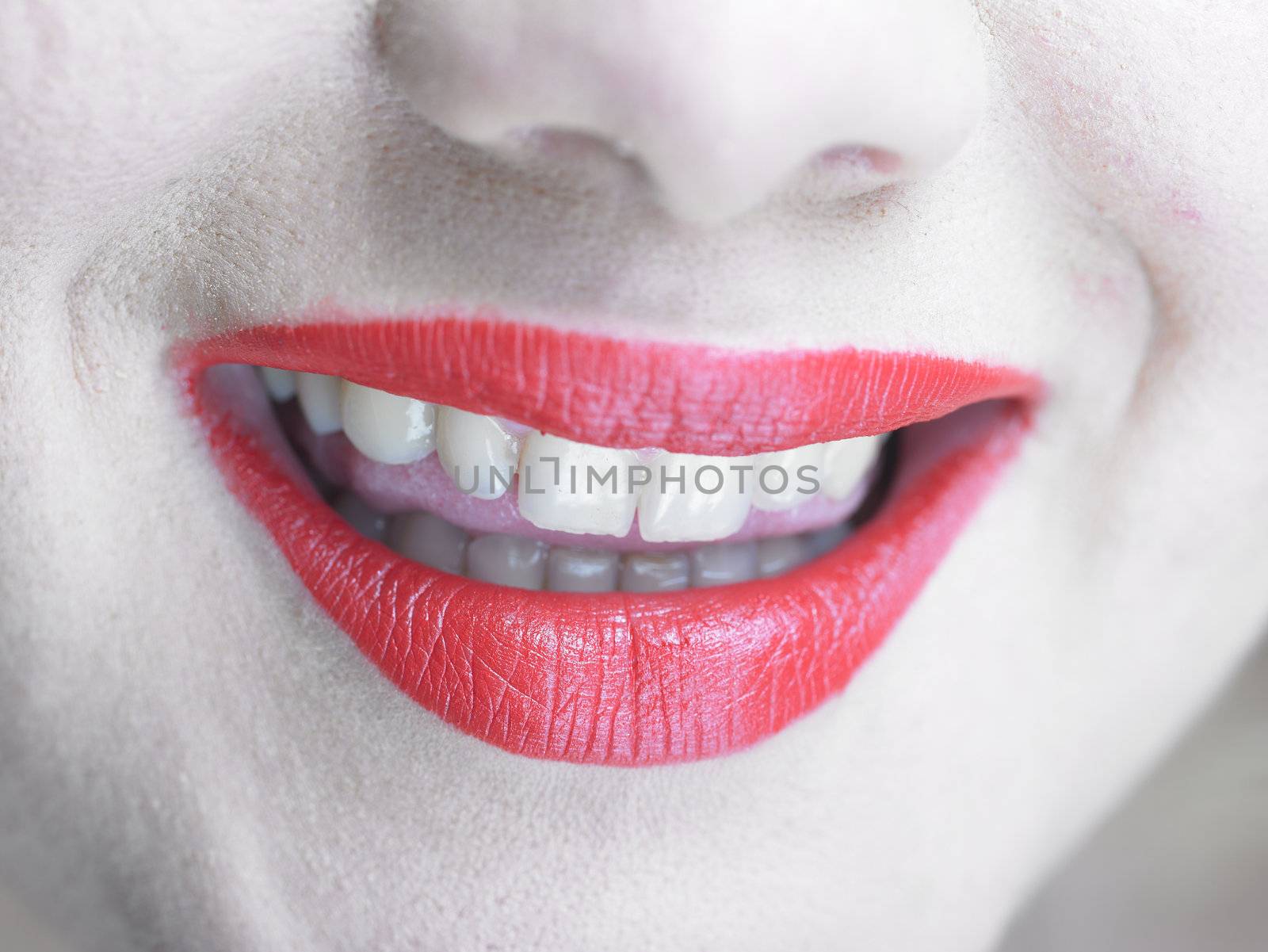 Smile - Thoungue behinde teeth and red lips smiling by adamr