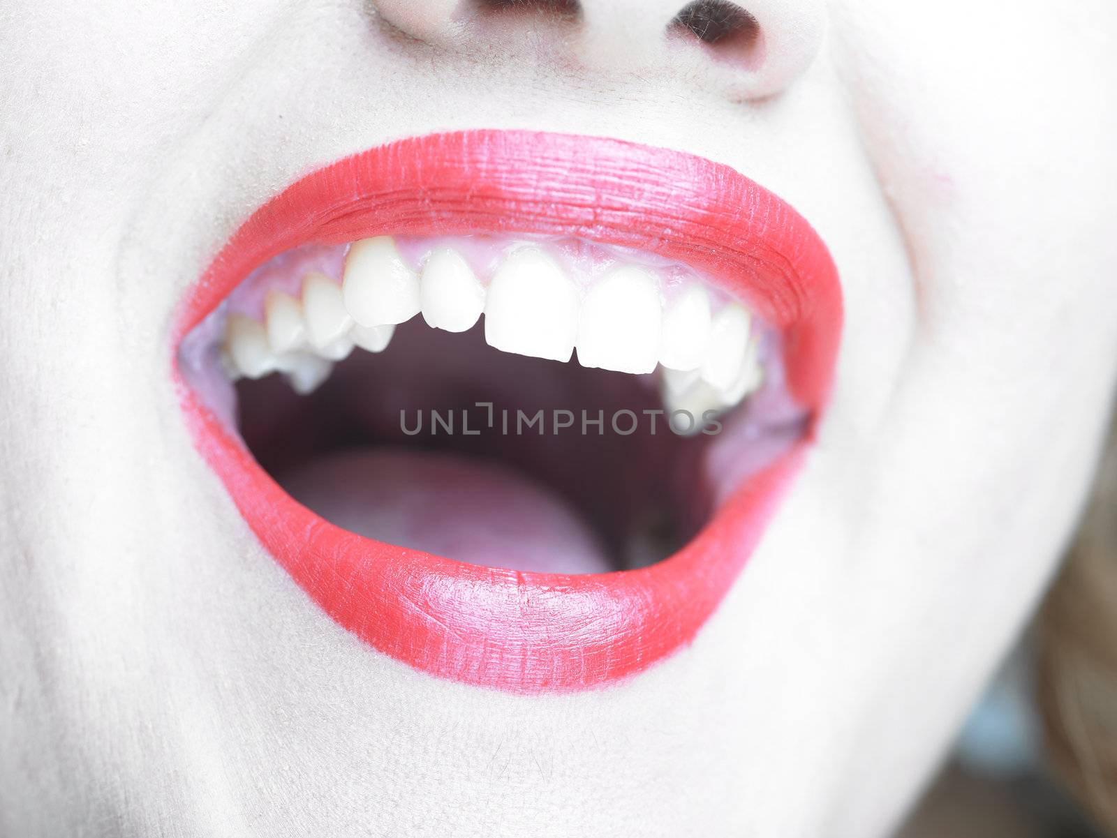 Red Lips and Beautiful teeth Smiling with wide open smile