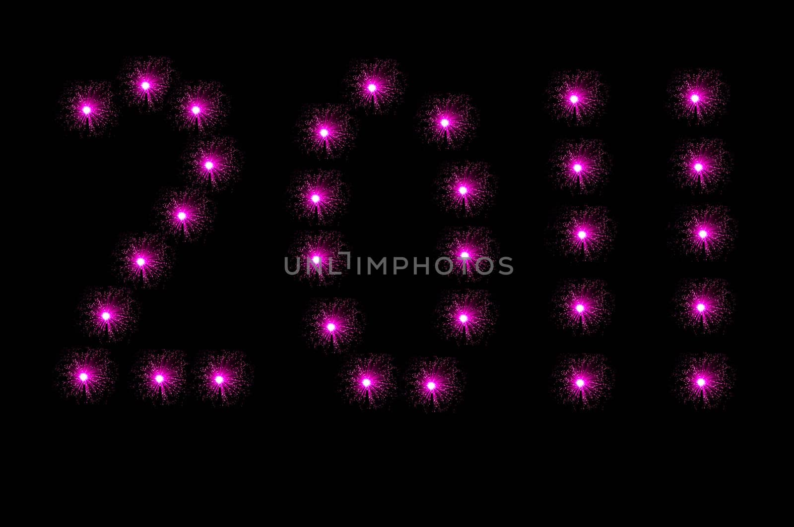 Many small pink illuminated fibre optic lamps arranged over white to spell the number 2011