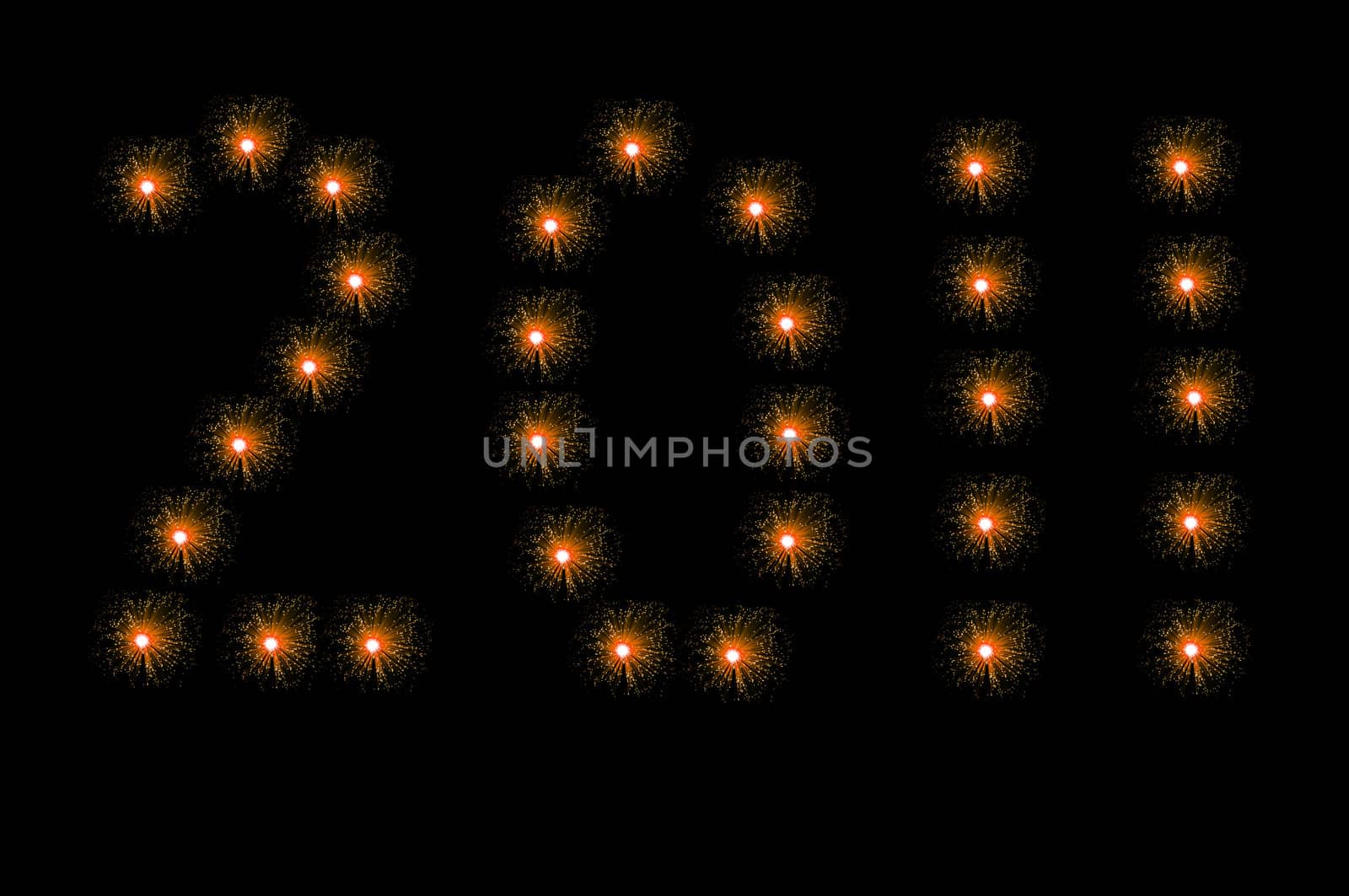 Many small orange illuminated fibre optic lamps arranged over white to spell the number 2011