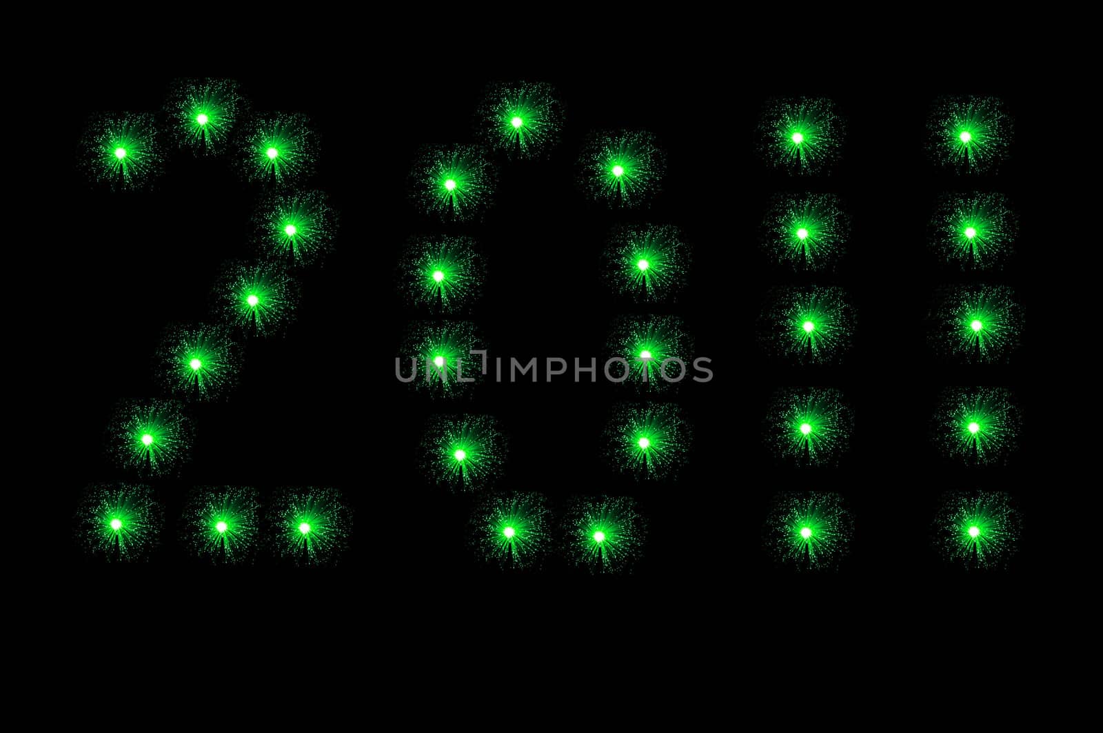 Many small green illuminated fibre optic lamps arranged over white to spell the number 2011