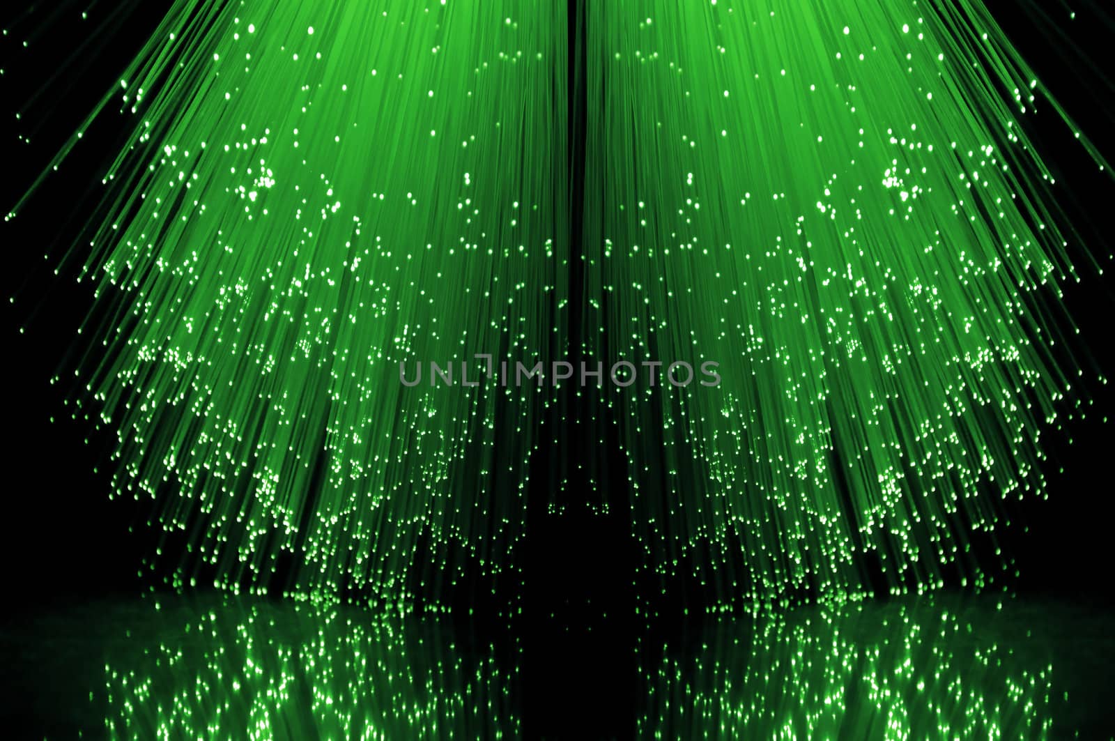 Low level angle capturing the ends of many illuminated green fibre optic light strands against a black background in reflecting into the foreground.