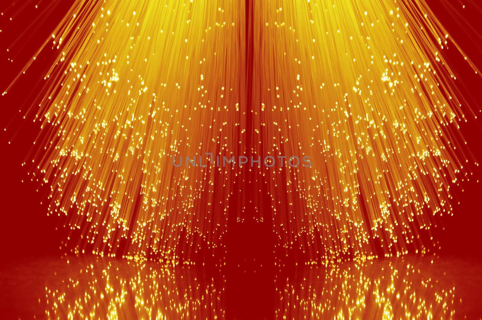 Low level angle capturing the ends of many illuminated yellow fibre optic light strands against a red background in reflecting into the foreground.