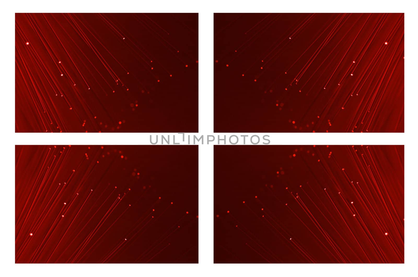 Four images of red fibre optic light strands arranged in various orientations.