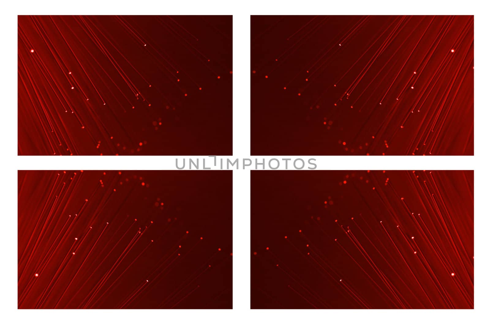 Four images of red fibre optic light strands arranged in various orientations.