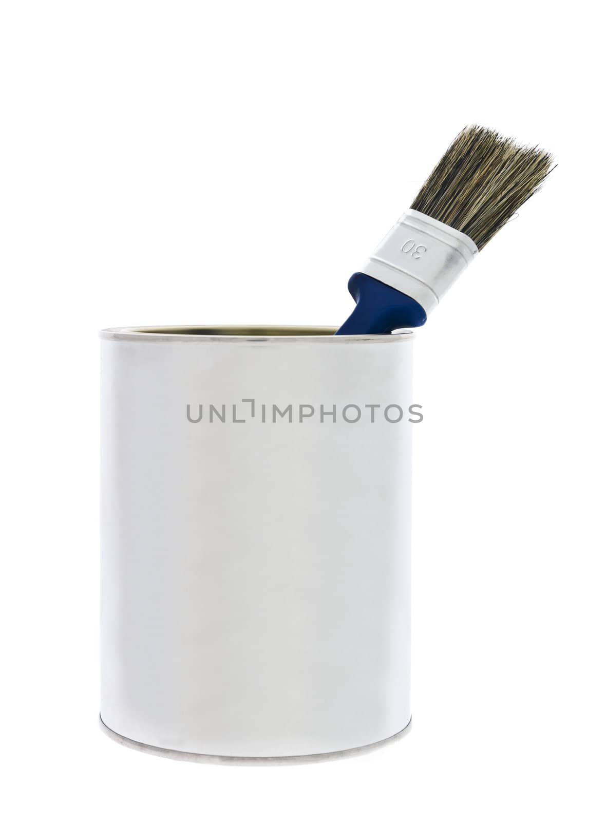 Paint can with a blue brush isolated on white background