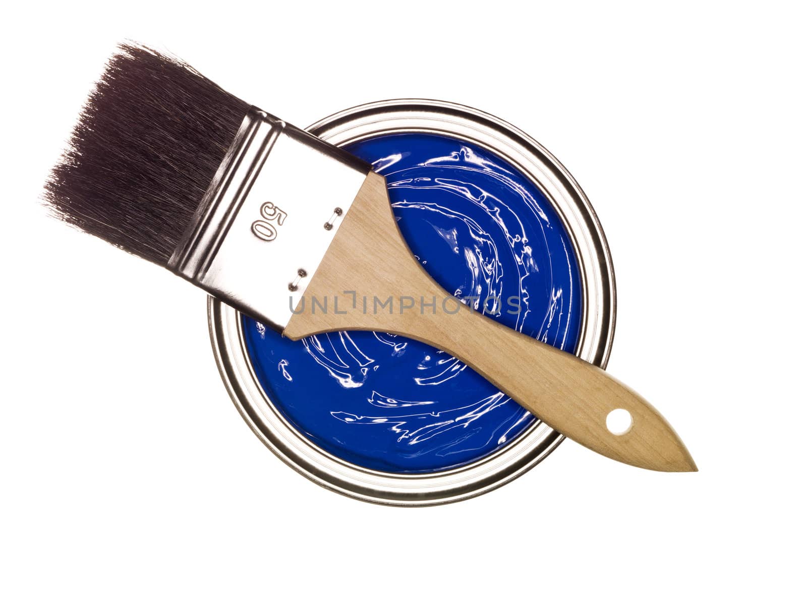  Blue Paint can with brush from above isolated on white background